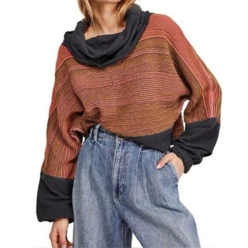 Free People Catch A Smile Cropped Cowl Neck Sweater in Gray, Pink, and Yellow